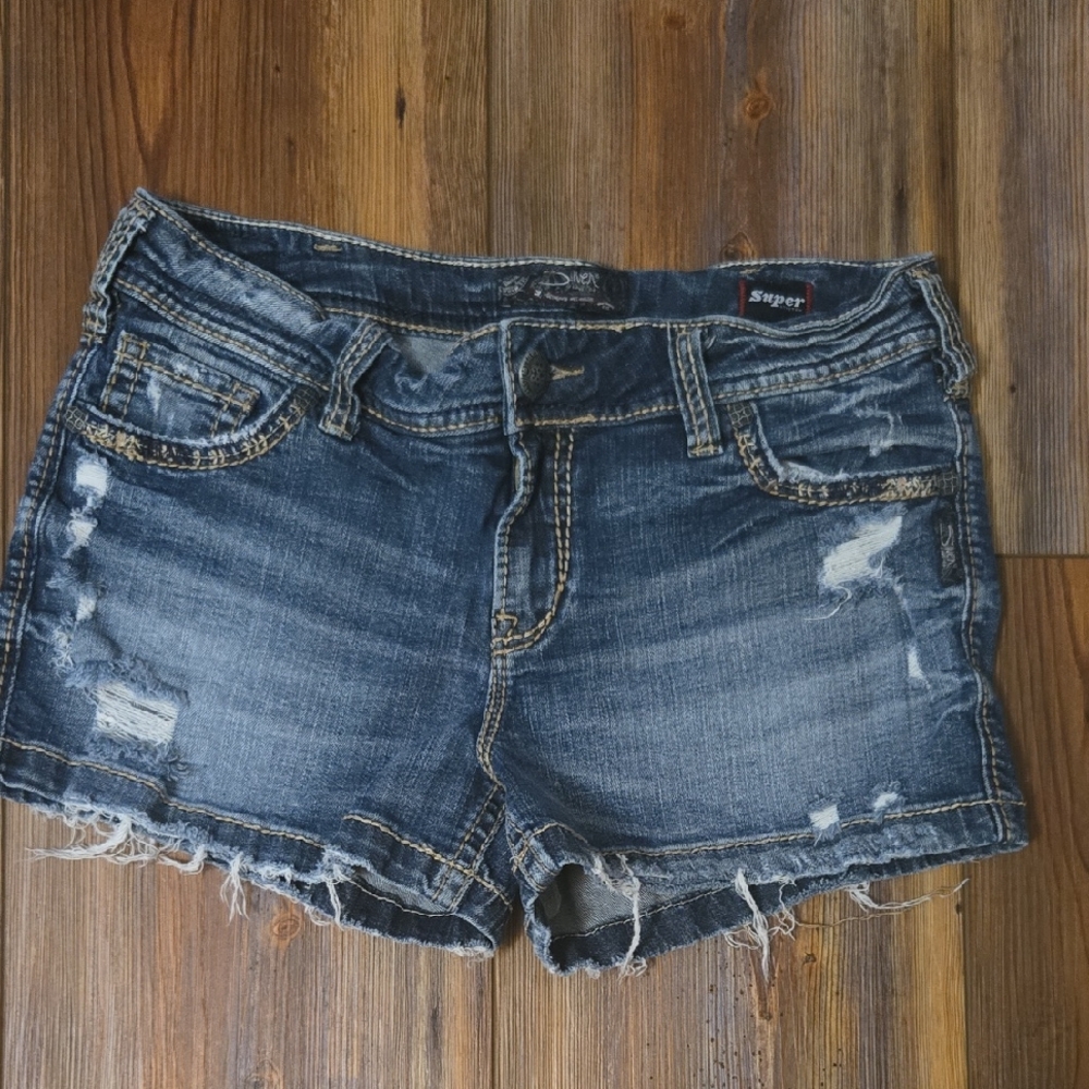Blue Distressed Jean Shorts with Frayed Hem